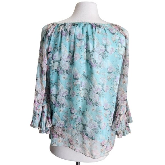 Floral Sheer Bell Sleeve Pleated Blouse Rose Pastel fairy‎ Small Romantic - Picture 6 of 16